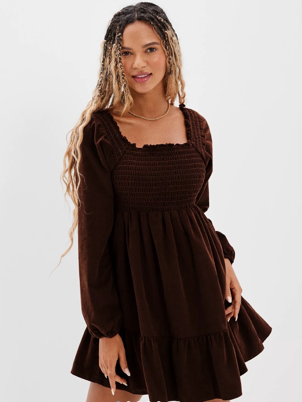 AE Long-Sleeve Smocked Corduroy Mini Dress